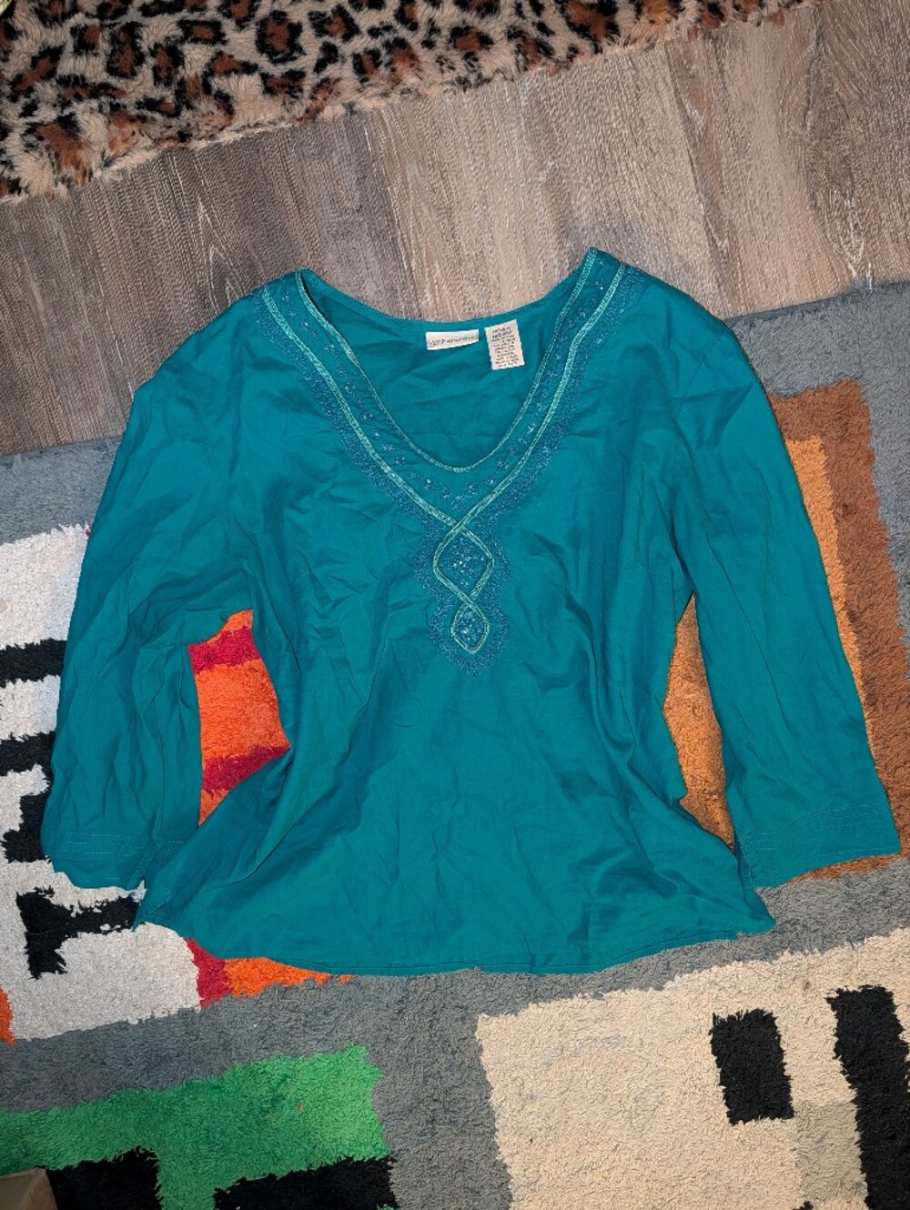 St. John's Bay Teal V-Neck Embroidered Top
